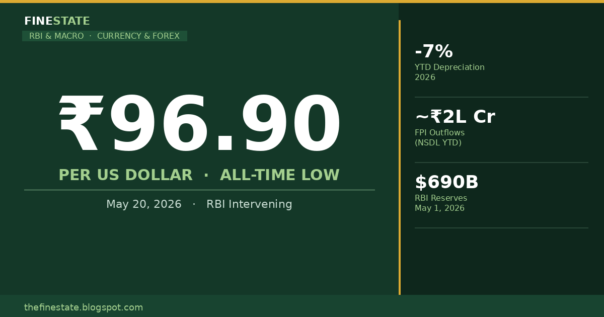 Indian rupee at record low Rs 96.90 per USD — RBI defending with estimated $5 billion weekly intervention, May 2026