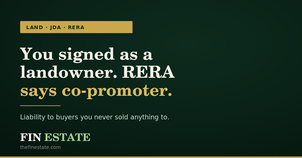 A diagram showing how a JDA landowner taking an area or revenue share becomes a RERA co-promoter, gaining liability to buyers while losing the right to complain as an allottee.